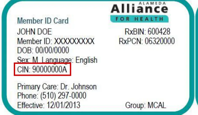 Alameda Alliance for Health member card with the CIN line circled in red