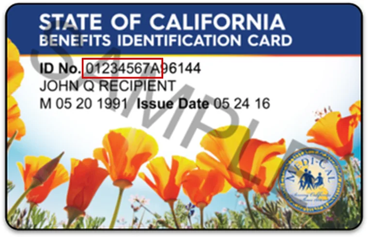 California Medi-Cal Benefits Identification Card with the CIN circled in red — it is the first 9 characters of the ID number